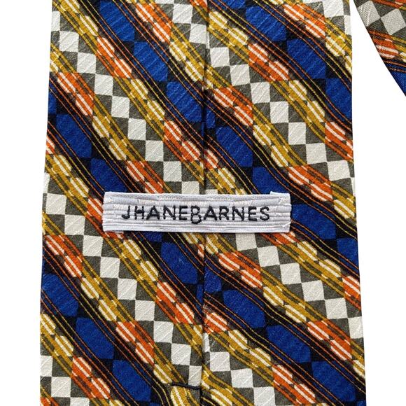 Jhane Barnes Mens Neck Tie 100% Silk Made in Japan Navy Gold Geometric Stripe - Picture 1 of 13